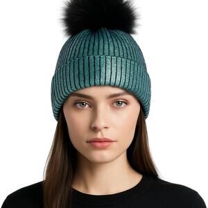 Adrienne Landau Sequin Beanie Hat OS Black Fox Fur Pom Metallic Iridescent NWOT